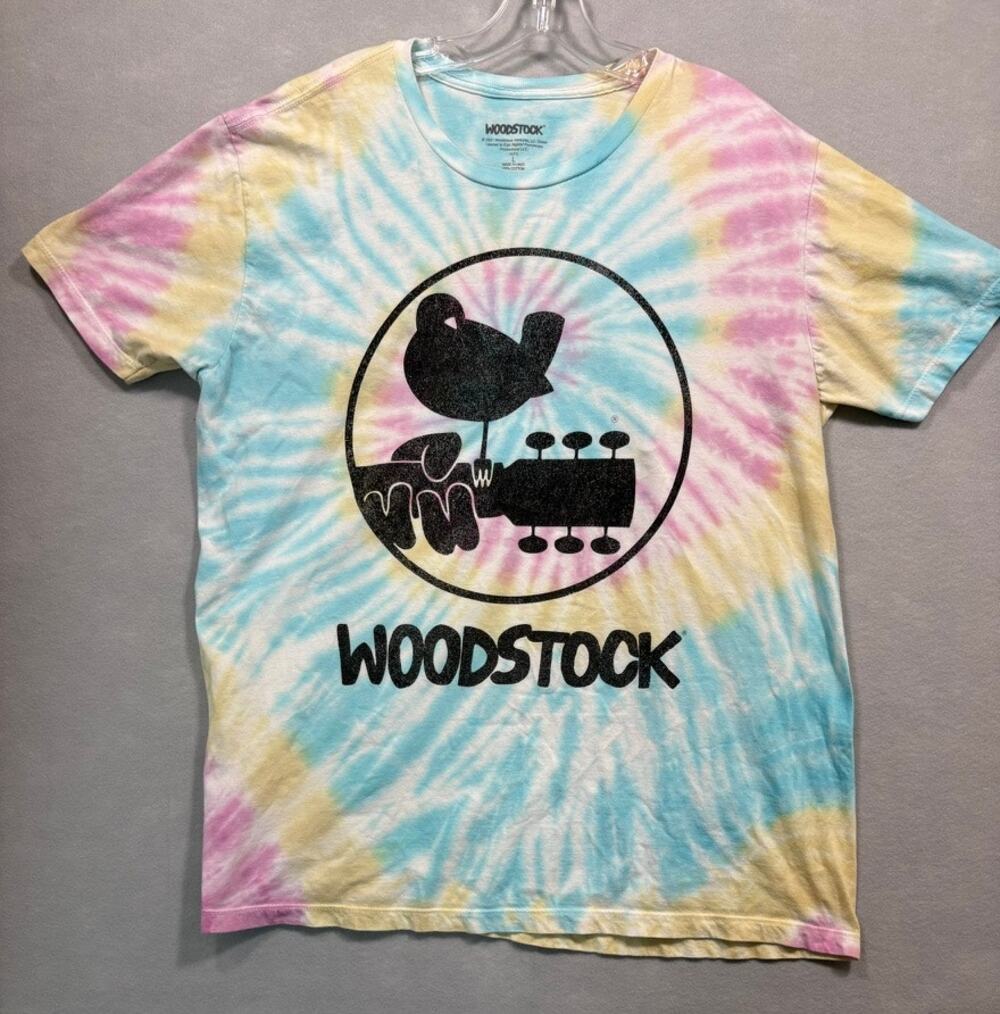 Woodstock Tie-Dye Pastel Spiral Graphic T-Shirt Retro Festival Tee Size Size L